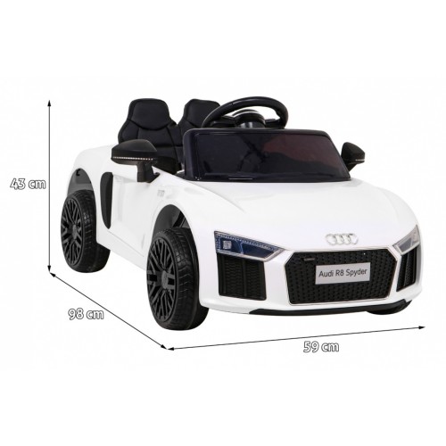 Dětská baterie Audi R8 bílá + dálkové ovládání + EVA + pomalý start + MP3 LED