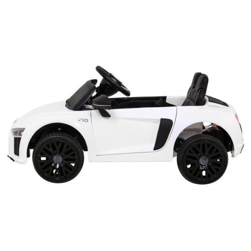 Dětská baterie Audi R8 bílá + dálkové ovládání + EVA + pomalý start + MP3 LED