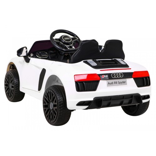 Dětská baterie Audi R8 bílá + dálkové ovládání + EVA + pomalý start + MP3 LED