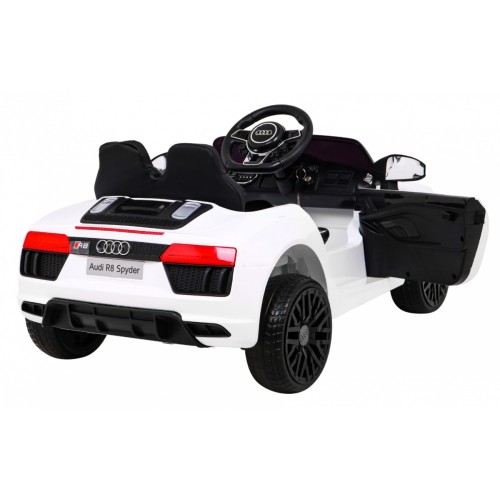 Dětská baterie Audi R8 bílá + dálkové ovládání + EVA + pomalý start + MP3 LED