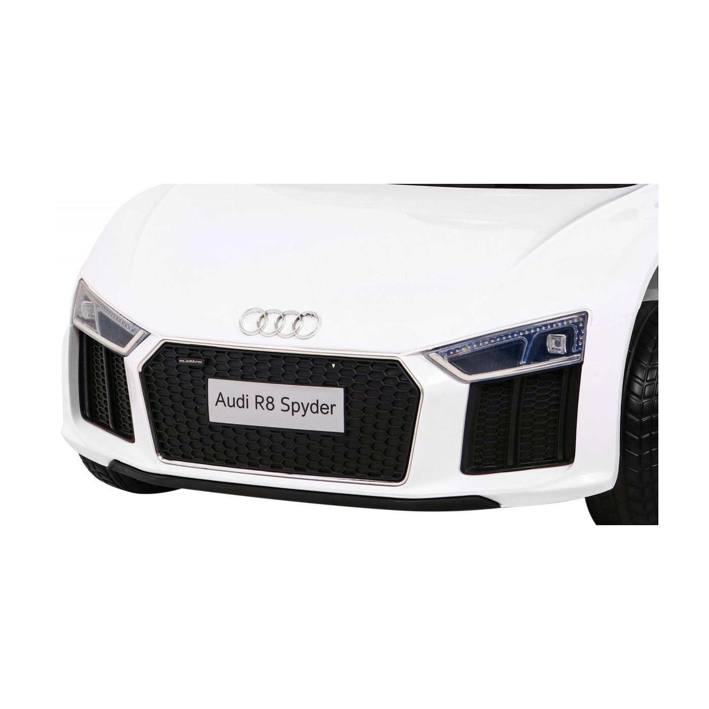 Dětská baterie Audi R8 bílá + dálkové ovládání + EVA + pomalý start + MP3 LED