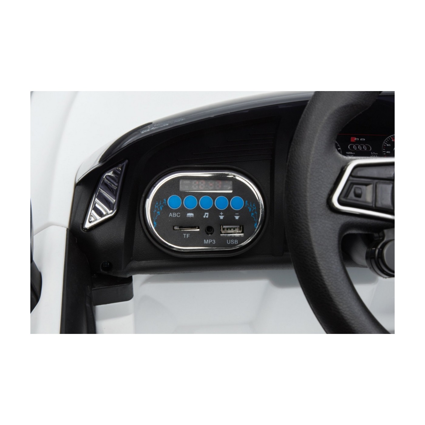 Dětská baterie Audi R8 bílá + dálkové ovládání + EVA + pomalý start + MP3 LED