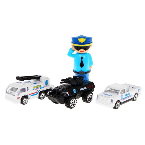 Policejní vůz 2v1 pro děti 3+ Úložný prostor pro pružiny + 3 Auta + Světla Zvuky