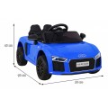 Dětská baterie Audi R8 modrá + dálkové ovládání + EVA + pomalý start + MP3 LED