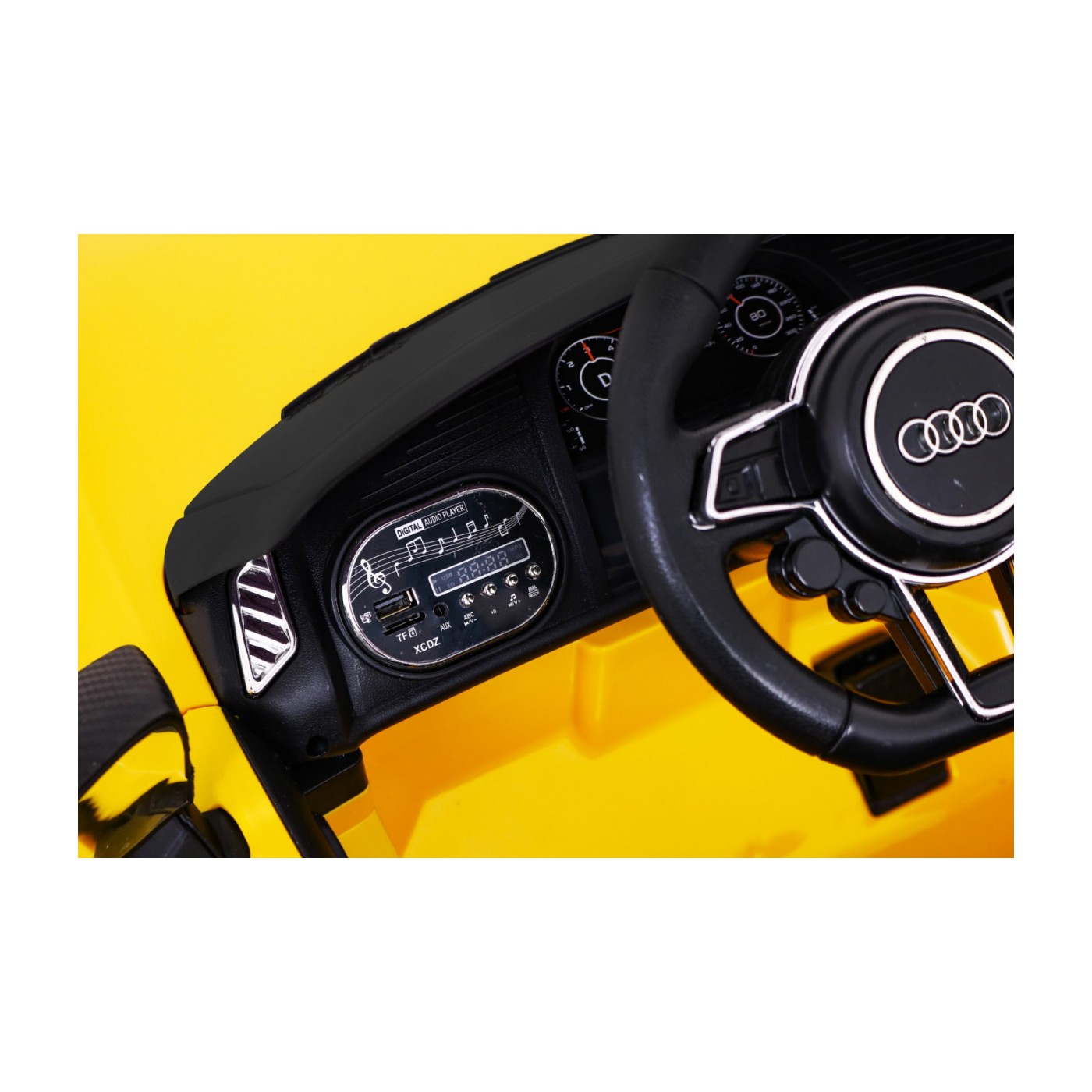 Audi R8 na baterii pro děti žlutý + dálkové ovládání + EVA + pomalý start + MP3 LED