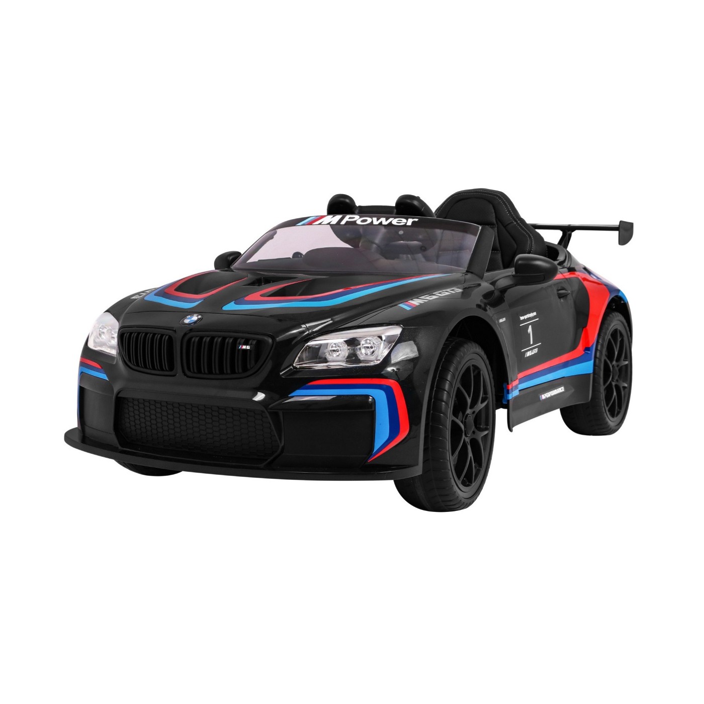 BMW M6 GT3 Dětská baterie do auta černá + přívod vzduchu + MP3 zvuková světla + dálkové ovládání