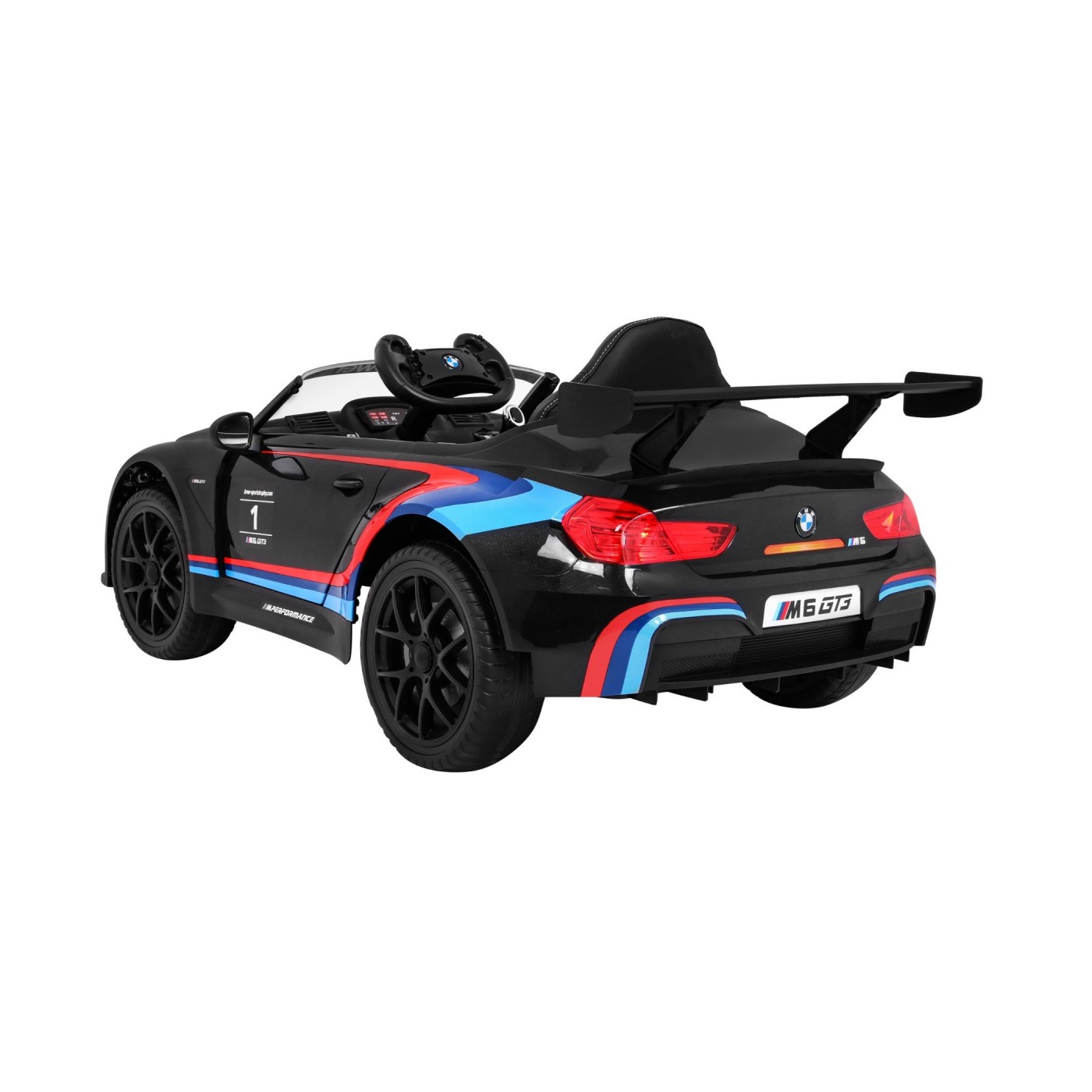 BMW M6 GT3 Dětská baterie do auta černá + přívod vzduchu + MP3 zvuková světla + dálkové ovládání