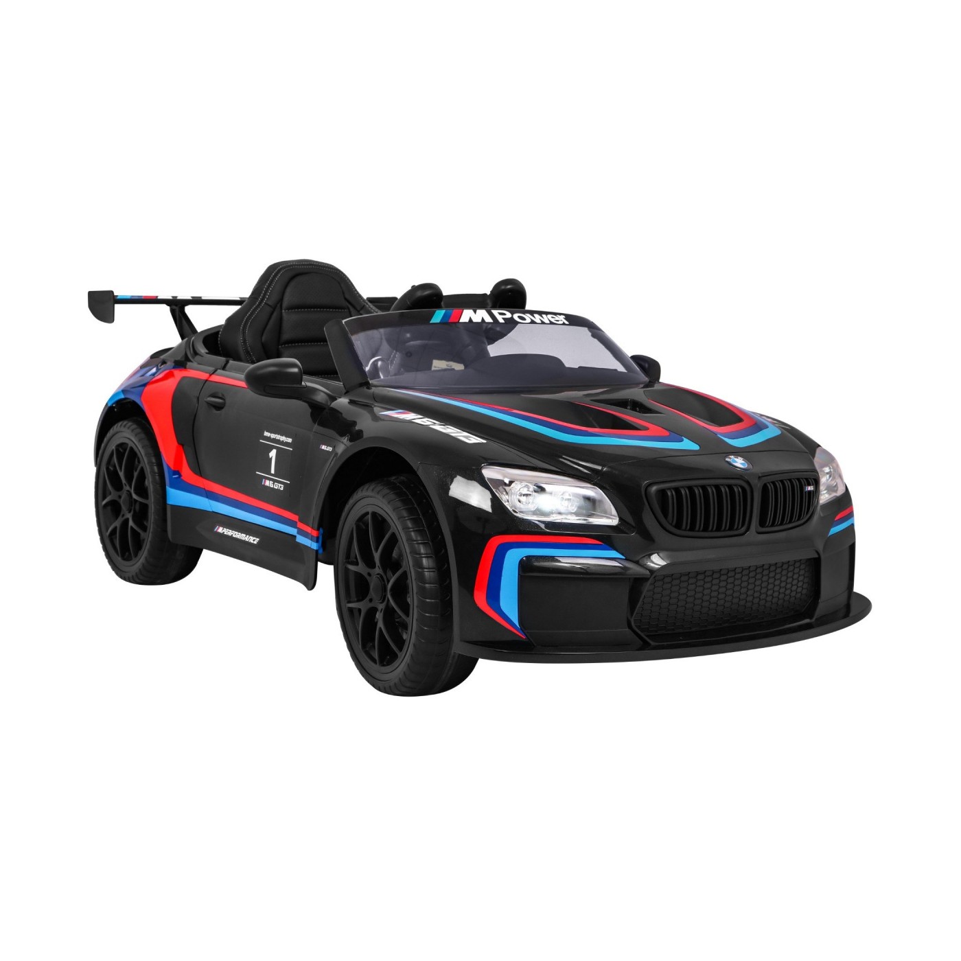 BMW M6 GT3 Dětská baterie do auta černá + přívod vzduchu + MP3 zvuková světla + dálkové ovládání