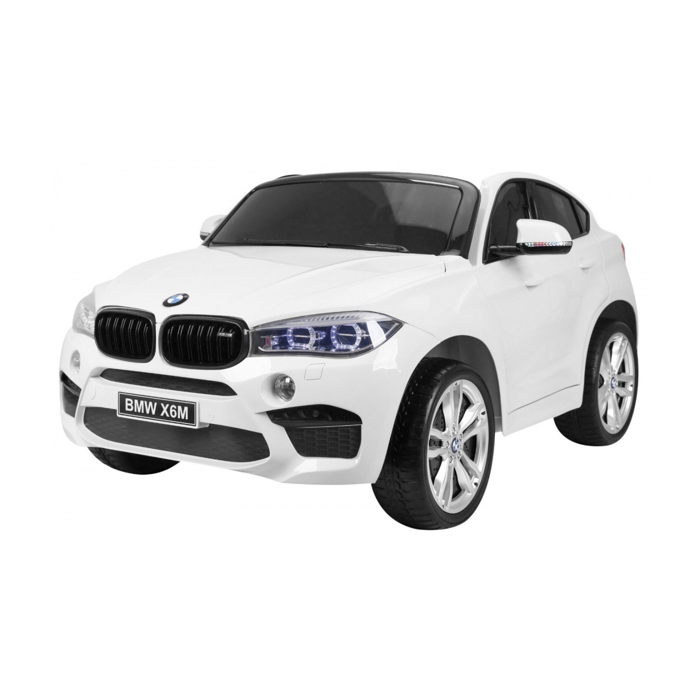 BMW X6M XXL pro 2 děti bílá + dálkové ovládání + eko kůže + pásy + pomalý start + MP3 USB + LED