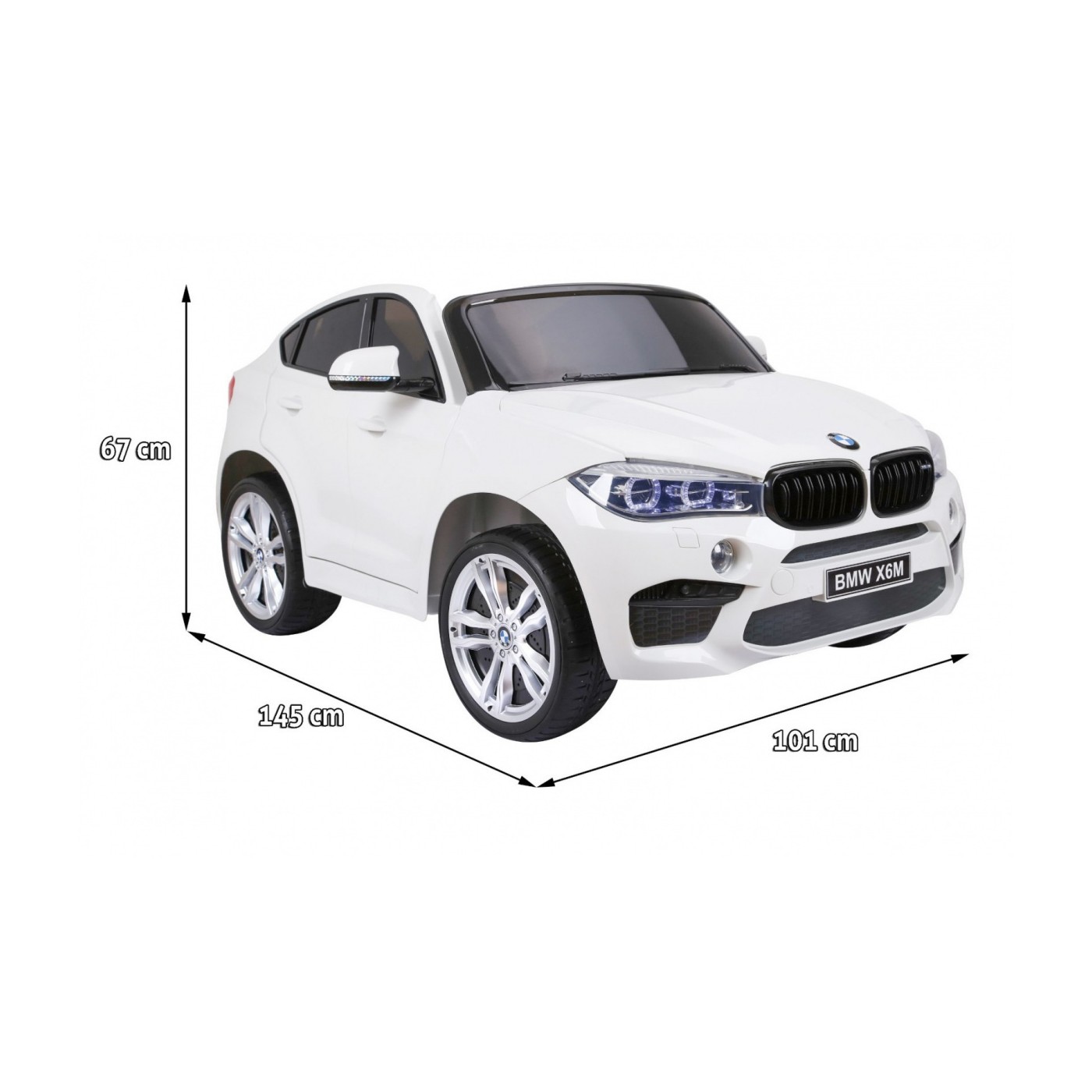 BMW X6M XXL pro 2 děti bílá + dálkové ovládání + eko kůže + pásy + pomalý start + MP3 USB + LED