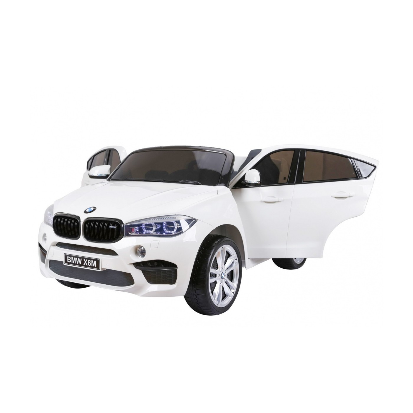 BMW X6M XXL pro 2 děti bílá + dálkové ovládání + eko kůže + pásy + pomalý start + MP3 USB + LED