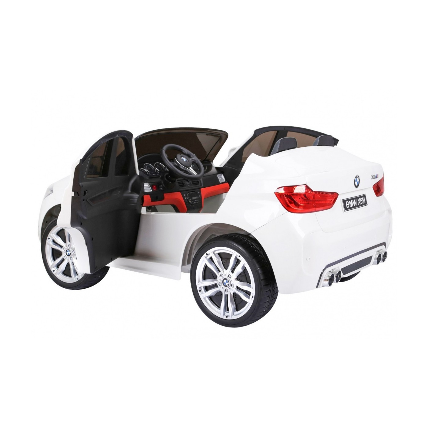 BMW X6M XXL pro 2 děti bílá + dálkové ovládání + eko kůže + pásy + pomalý start + MP3 USB + LED