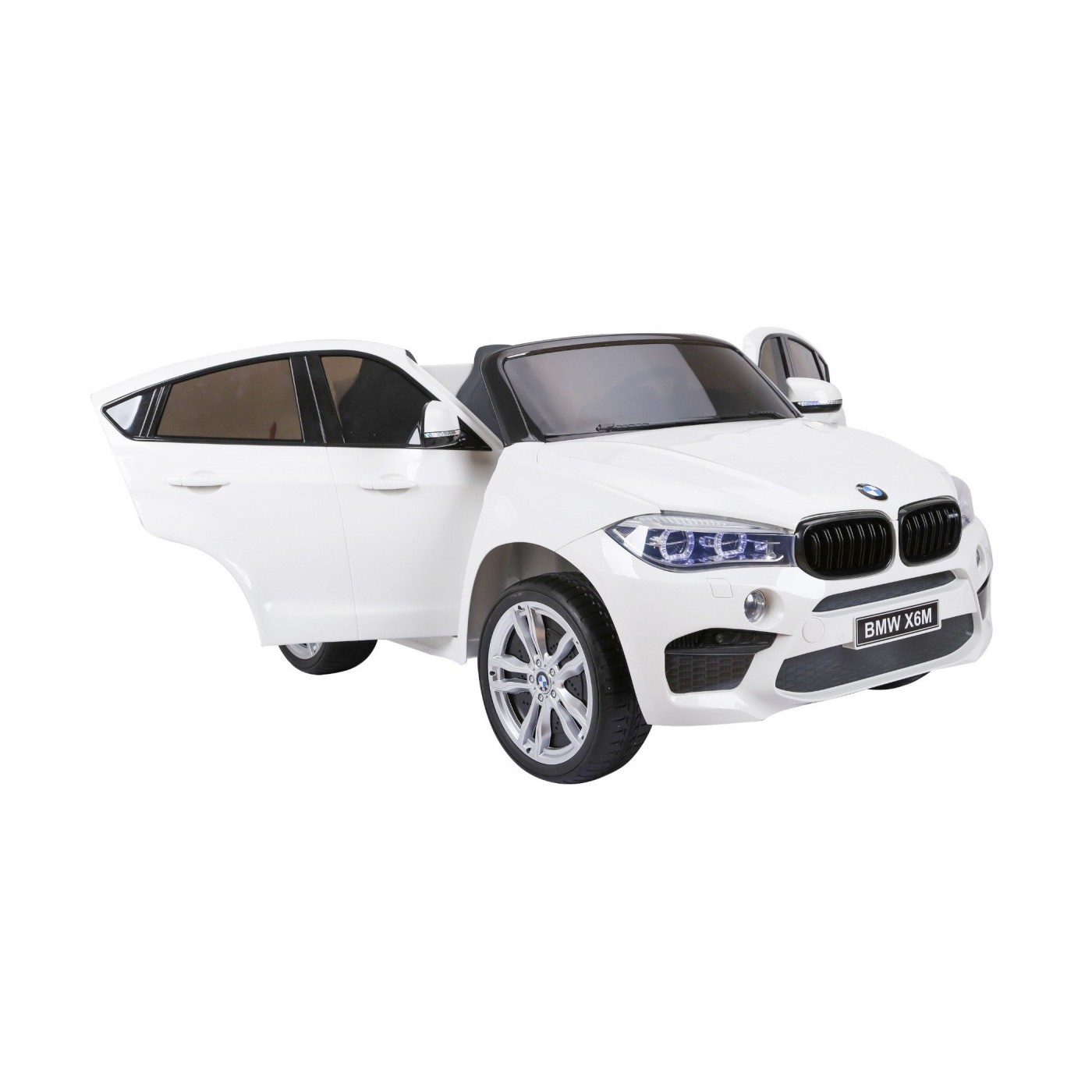 BMW X6M XXL pro 2 děti bílá + dálkové ovládání + eko kůže + pásy + pomalý start + MP3 USB + LED