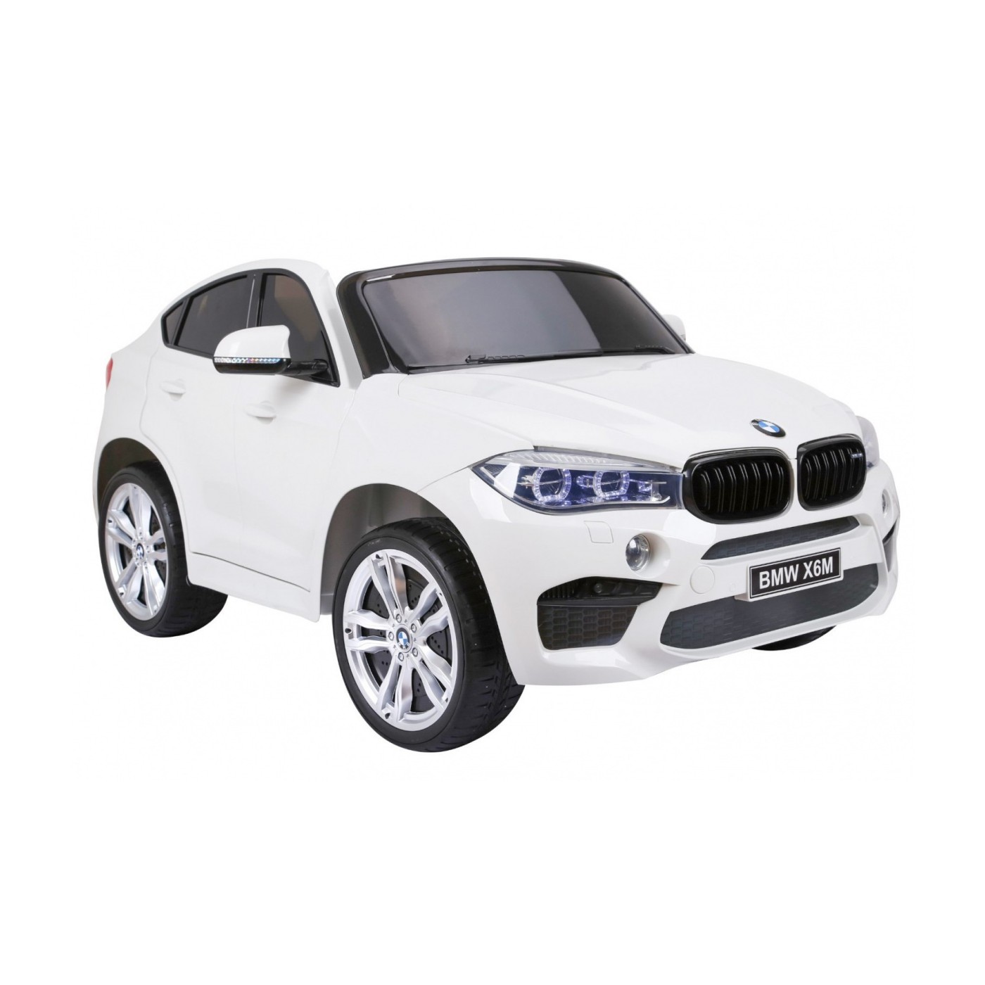BMW X6M XXL pro 2 děti bílá + dálkové ovládání + eko kůže + pásy + pomalý start + MP3 USB + LED