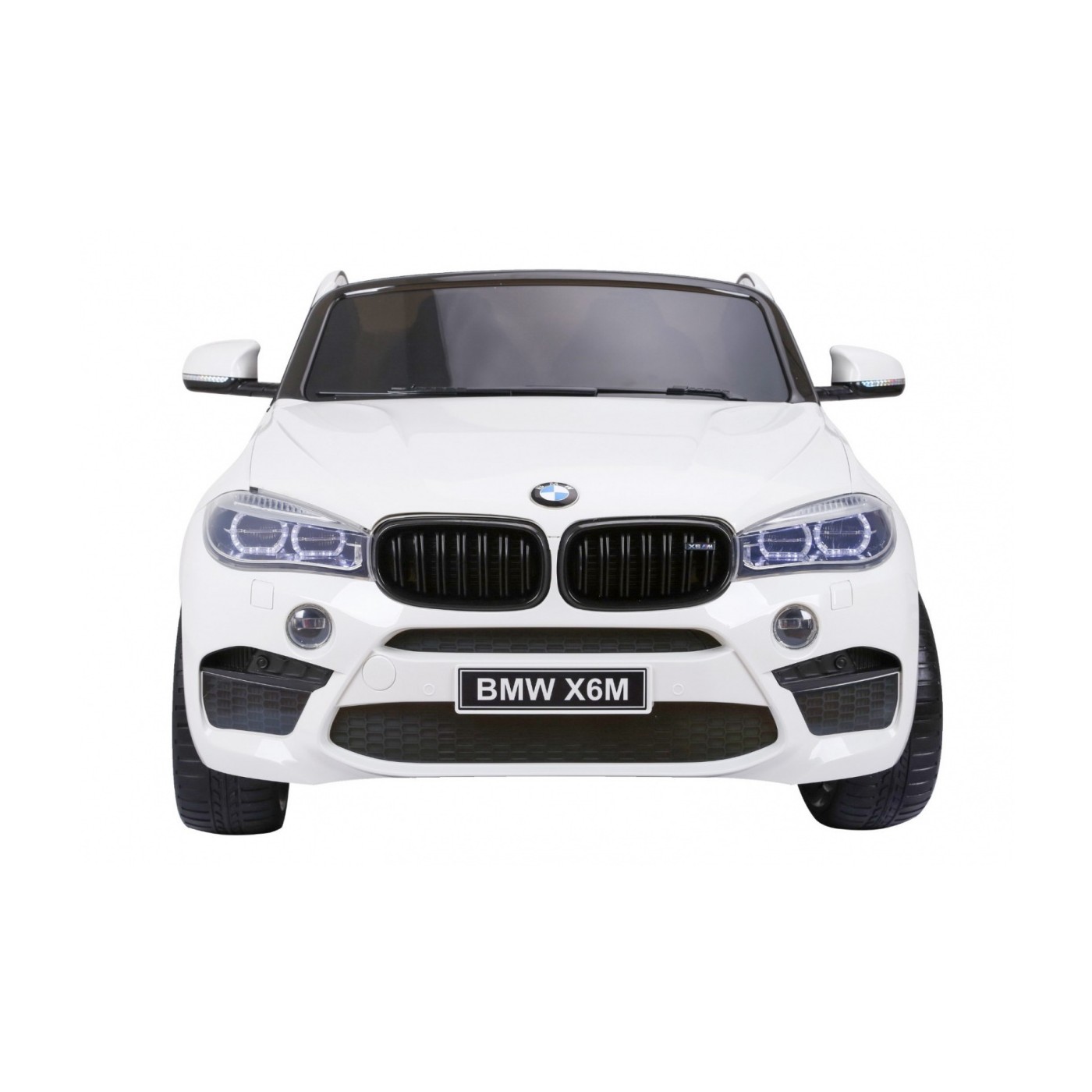 BMW X6M XXL pro 2 děti bílá + dálkové ovládání + eko kůže + pásy + pomalý start + MP3 USB + LED