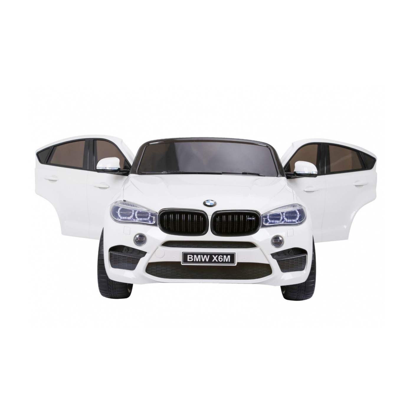 BMW X6M XXL pro 2 děti bílá + dálkové ovládání + eko kůže + pásy + pomalý start + MP3 USB + LED