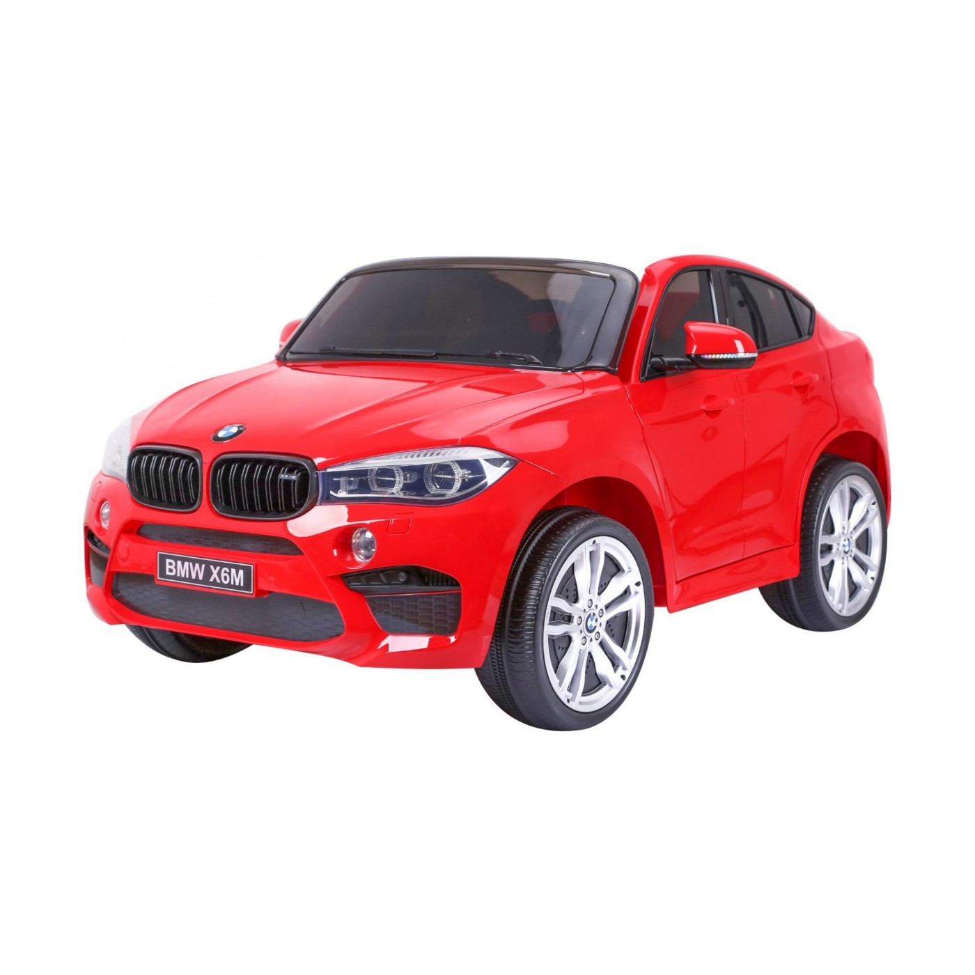 BMW X6M XXL pro 2 děti červená + dálkové ovládání + eko kůže + pásy + pomalý start + MP3 USB + LED