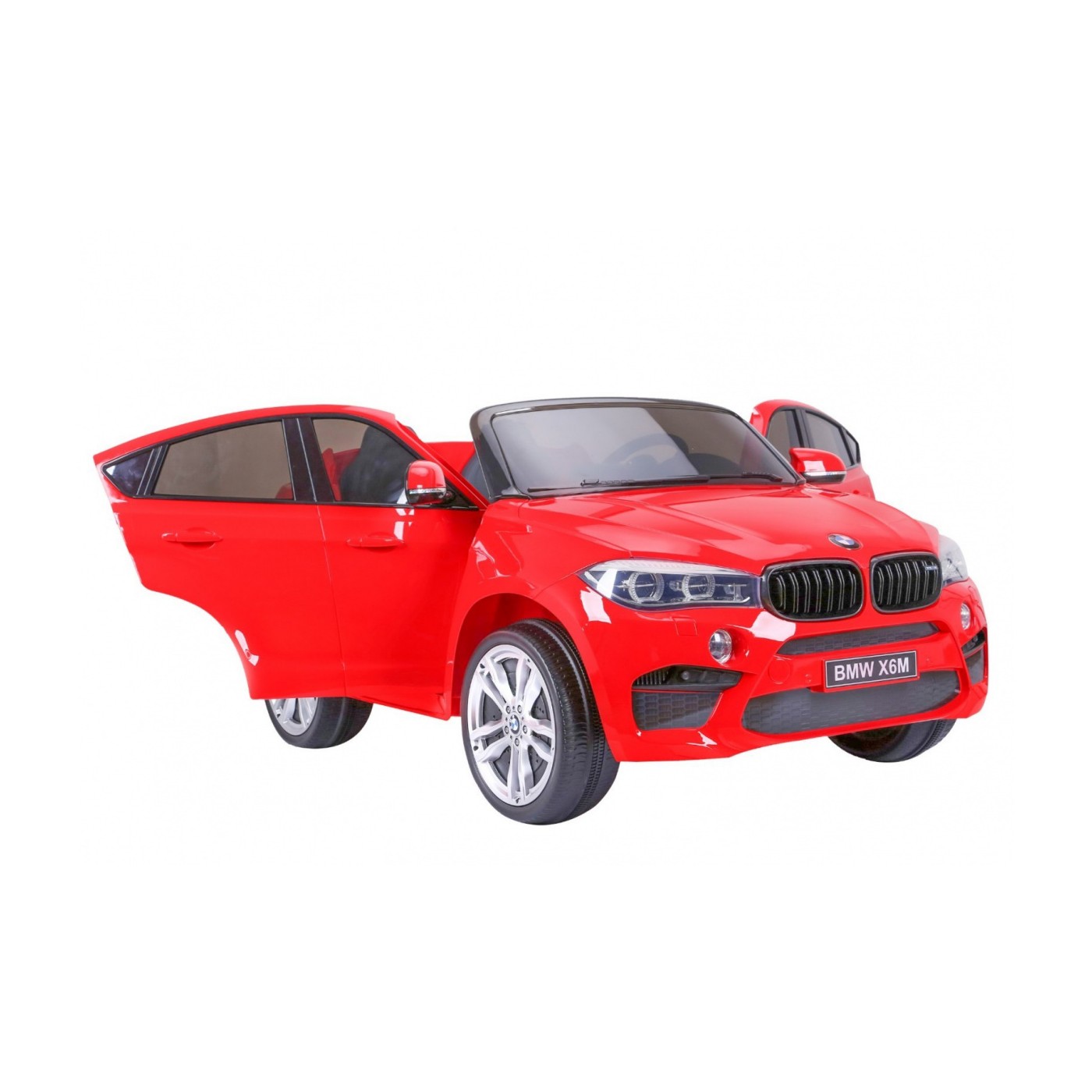 BMW X6M XXL pro 2 děti červená + dálkové ovládání + eko kůže + pásy + pomalý start + MP3 USB + LED