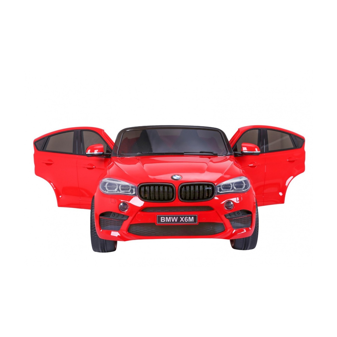 BMW X6M XXL pro 2 děti červená + dálkové ovládání + eko kůže + pásy + pomalý start + MP3 USB + LED