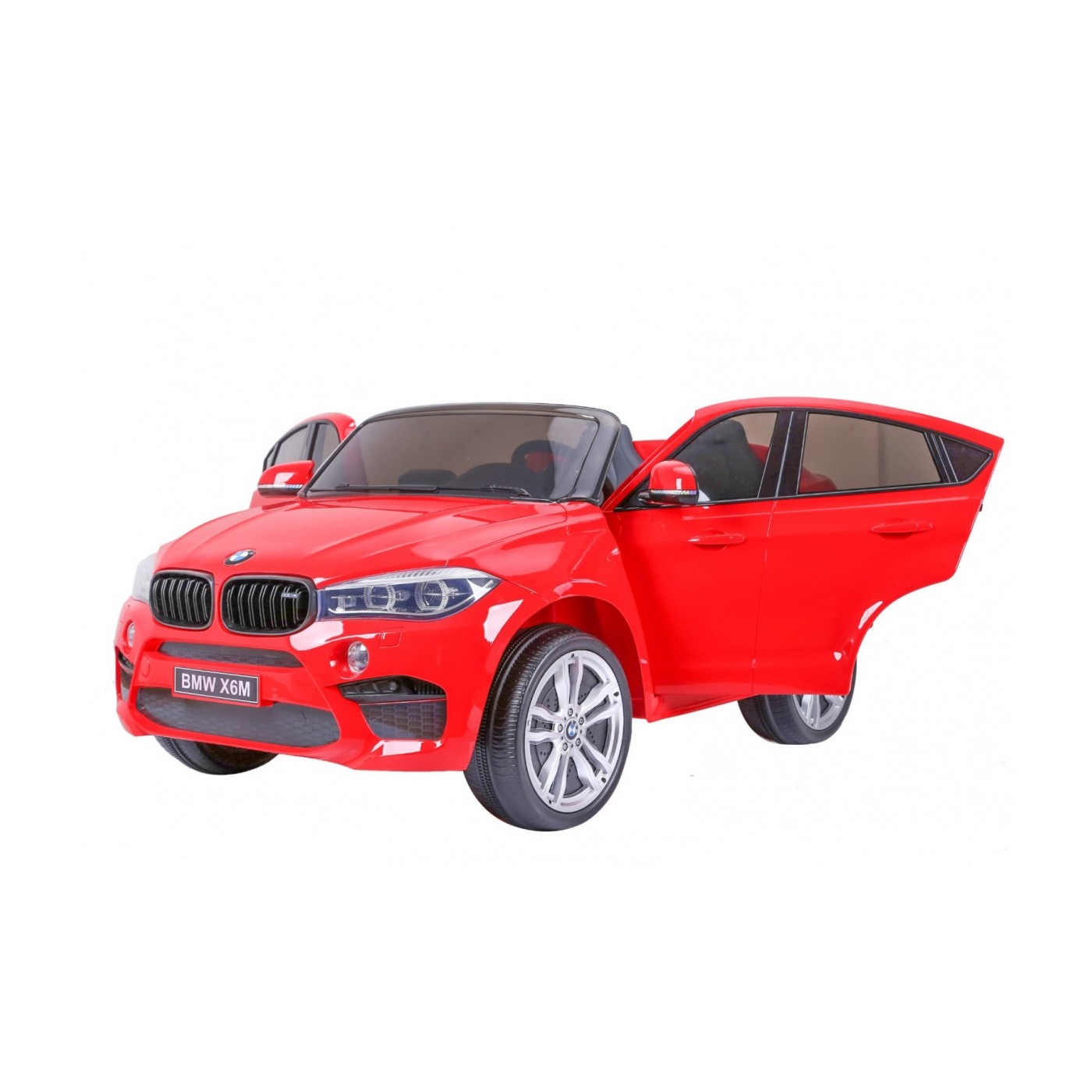 BMW X6M XXL pro 2 děti červená + dálkové ovládání + eko kůže + pásy + pomalý start + MP3 USB + LED