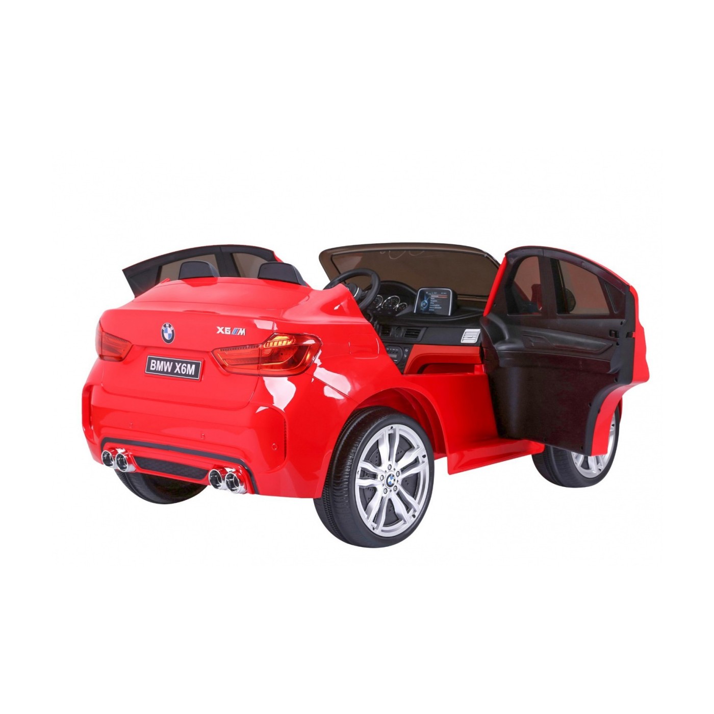BMW X6M XXL pro 2 děti červená + dálkové ovládání + eko kůže + pásy + pomalý start + MP3 USB + LED
