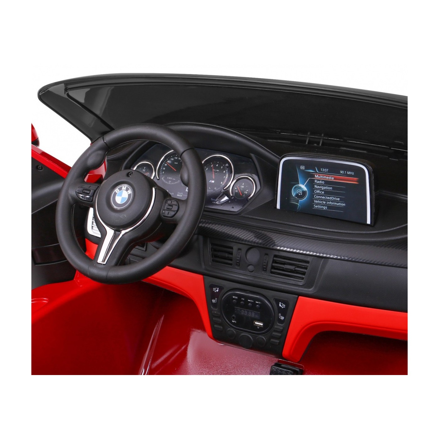 BMW X6M XXL pro 2 děti barva červená dálkové kožené pásy pomalý start MP3 LED