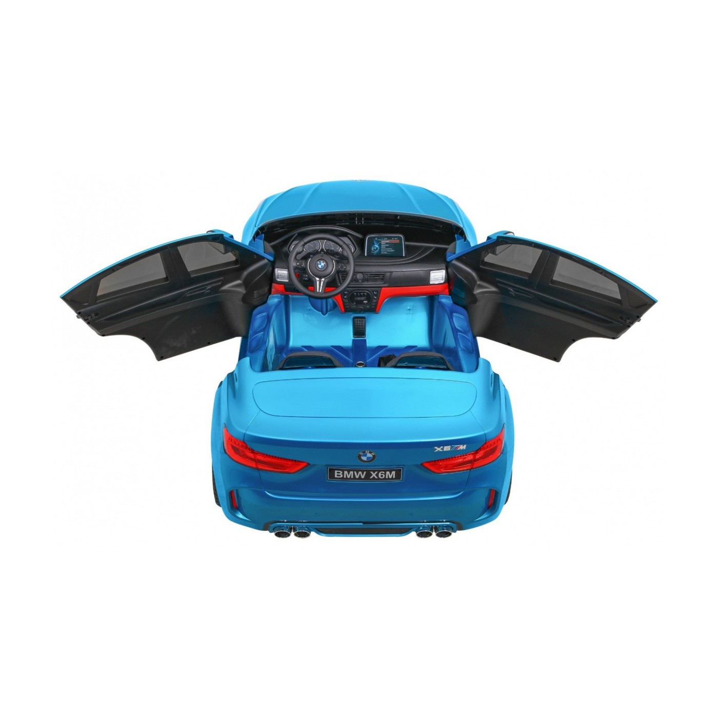 BMW X6M XXL pro 2 děti barva modrá dálkové ovládání pásy pomalý start MP3 LED