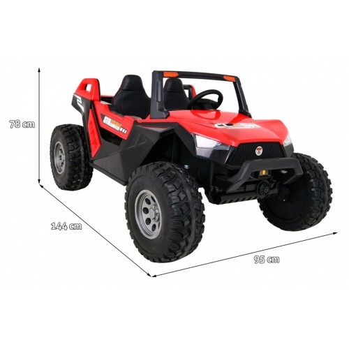 Bateriový kočárek pro 2 děti červený + dálkový + poháněný 4x4 + nastavení sedadla + MP3 rádio + LED