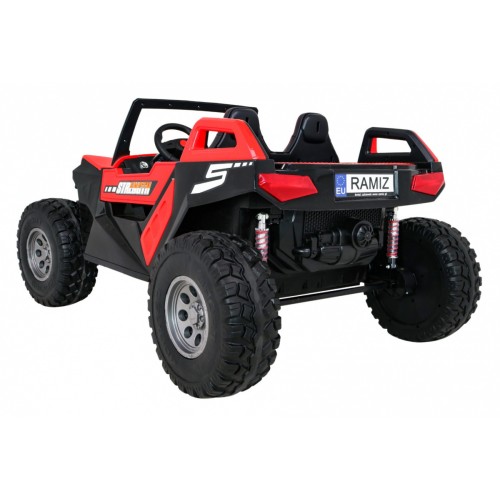 Bateriový kočárek pro 2 děti červený + dálkový + poháněný 4x4 + nastavení sedadla + MP3 rádio + LED