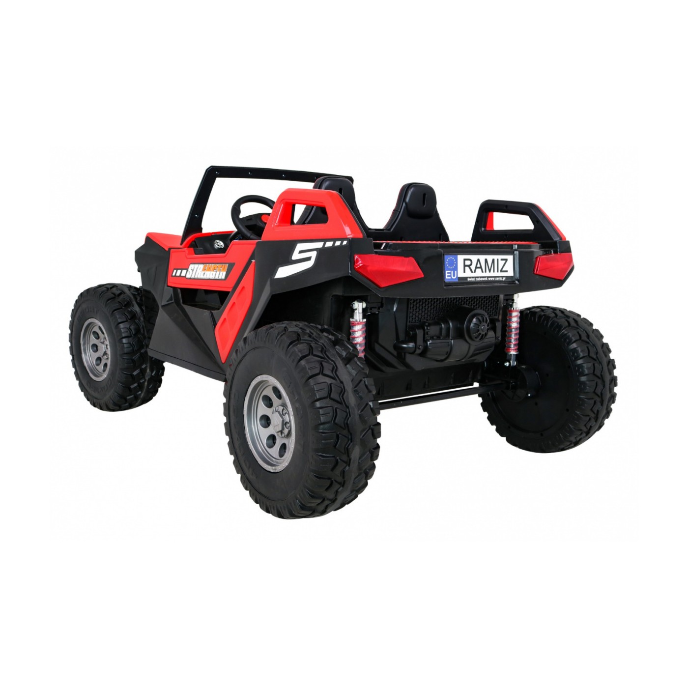 Bateriový kočárek pro 2 děti červený + dálkový + poháněný 4x4 + nastavení sedadla + MP3 rádio + LED