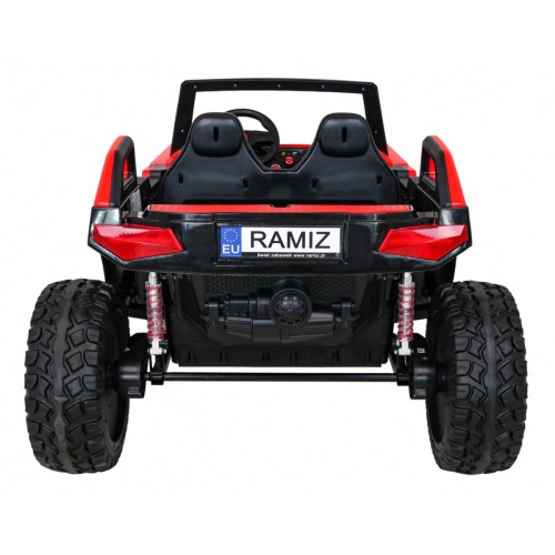 Bateriový kočárek pro 2 děti červený + dálkový + poháněný 4x4 + nastavení sedadla + MP3 rádio + LED