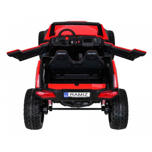 Bateriový kočárek pro 2 děti červený + dálkový + poháněný 4x4 + nastavení sedadla + MP3 rádio + LED