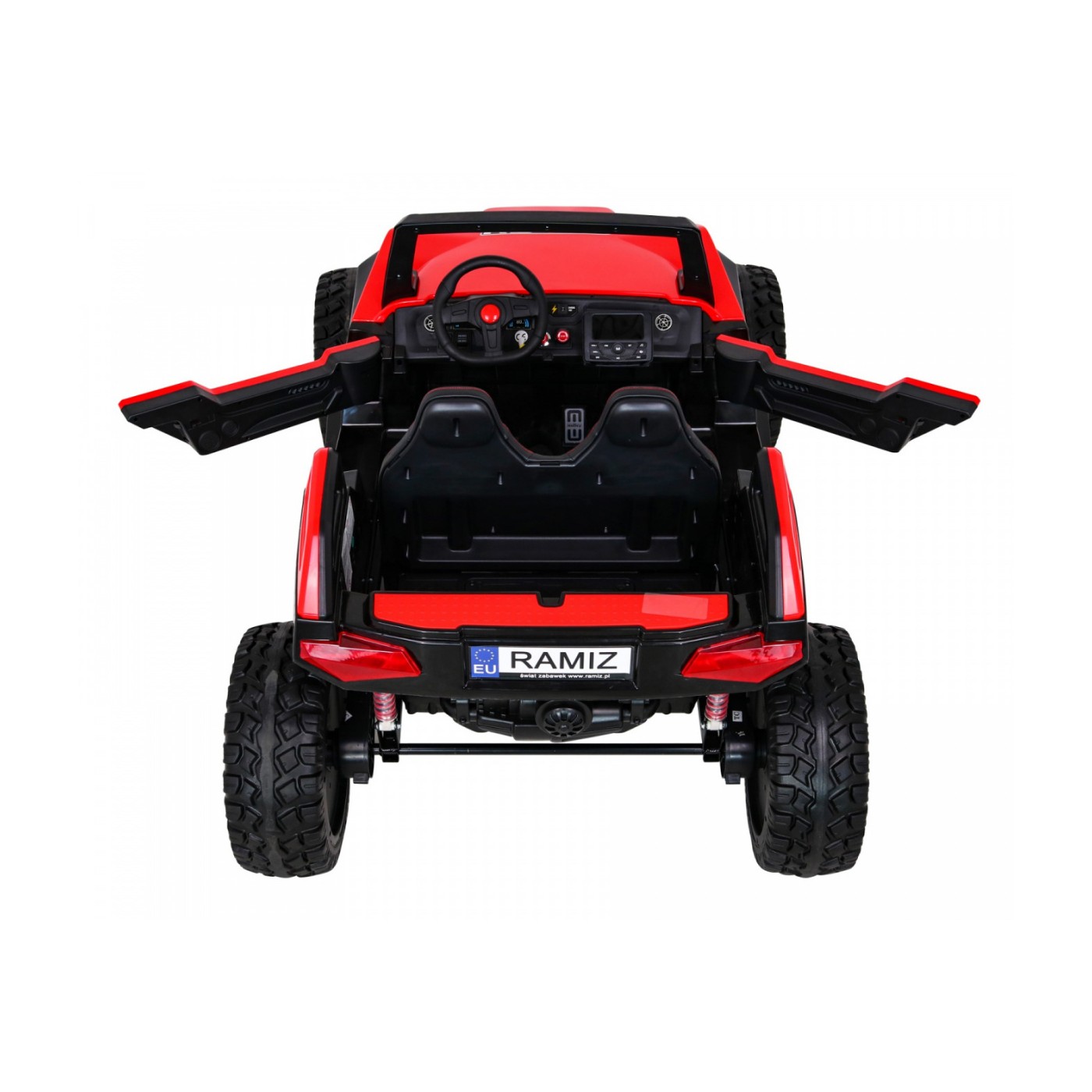 Bateriový kočárek pro 2 děti červený + dálkový + poháněný 4x4 + nastavení sedadla + MP3 rádio + LED