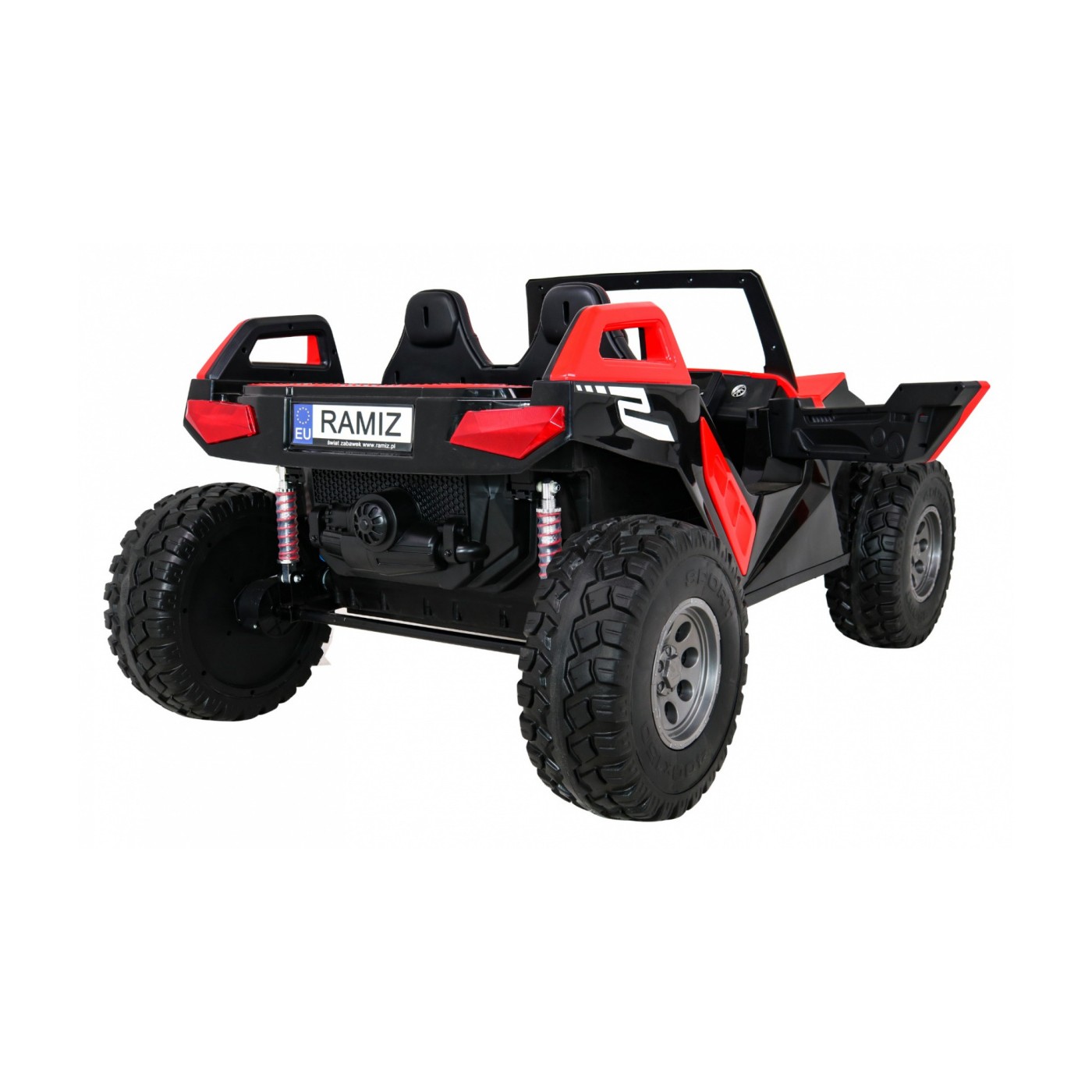 Bateriový kočárek pro 2 děti červený + dálkový + poháněný 4x4 + nastavení sedadla + MP3 rádio + LED