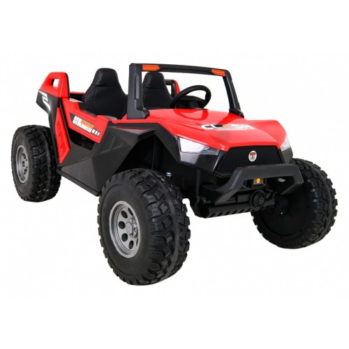 Bateriový kočárek pro 2 děti červený + dálkový + poháněný 4x4 + nastavení sedadla + MP3 rádio + LED