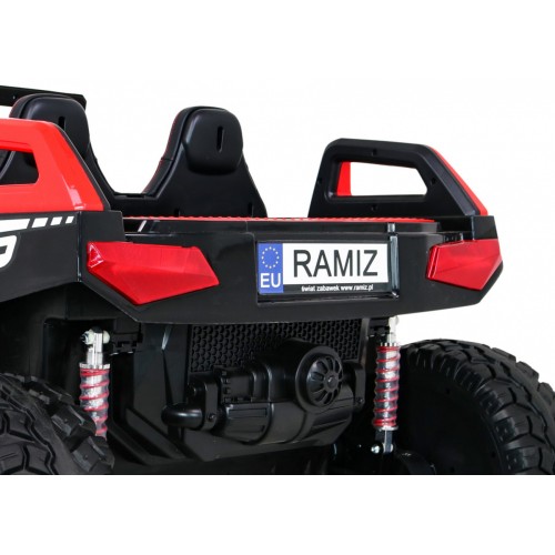 Bateriový kočárek pro 2 děti červený + dálkový + poháněný 4x4 + nastavení sedadla + MP3 rádio + LED