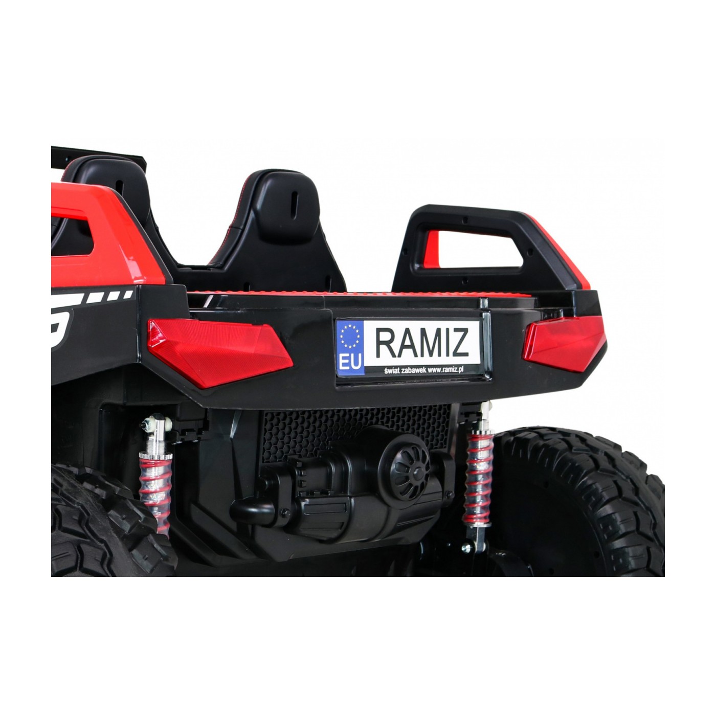 Bateriový kočárek pro 2 děti červený + dálkový + poháněný 4x4 + nastavení sedadla + MP3 rádio + LED