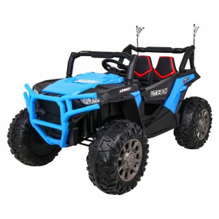 Dětská bugina Racer modrá poháněná 4x4 dálkové ovládání pomalý start kufr EVA LED MP3