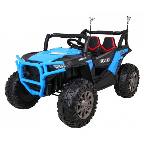 Dětská bugina Racer modrá poháněná 4x4 dálkové ovládání pomalý start kufr EVA LED MP3
