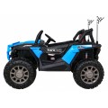 Dětská bugina Racer modrá poháněná 4x4 dálkové ovládání pomalý start kufr EVA LED MP3