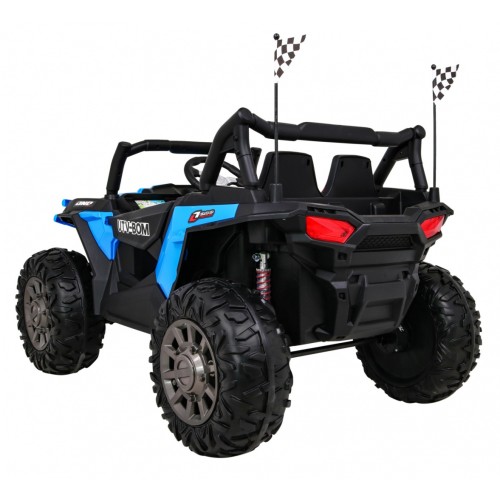Dětská bugina Racer modrá poháněná 4x4 dálkové ovládání pomalý start kufr EVA LED MP3