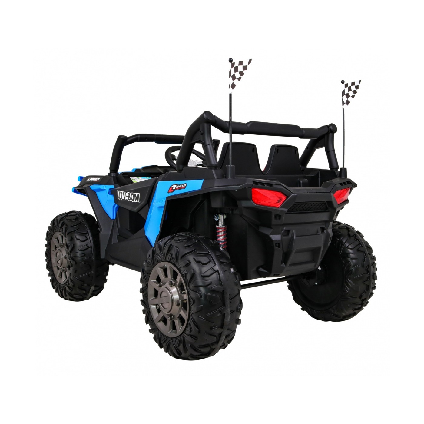 Dětská bugina Racer modrá poháněná 4x4 dálkové ovládání pomalý start kufr EVA LED MP3