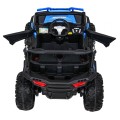 Dětská bugina Racer modrá poháněná 4x4 dálkové ovládání pomalý start kufr EVA LED MP3