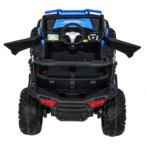 Dětská bugina Racer modrá poháněná 4x4 dálkové ovládání pomalý start kufr EVA LED MP3