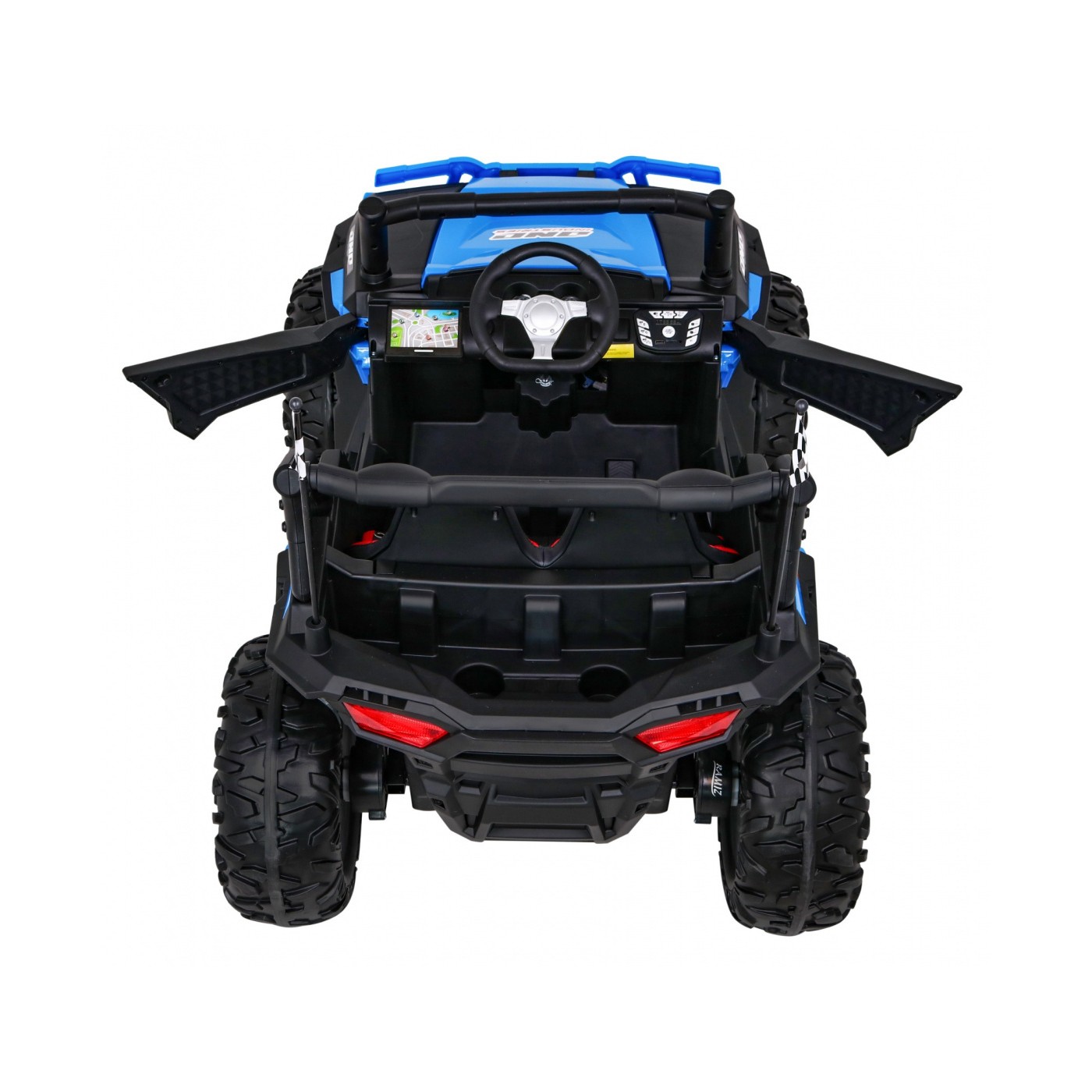 Dětská bugina Racer modrá poháněná 4x4 dálkové ovládání pomalý start kufr EVA LED MP3