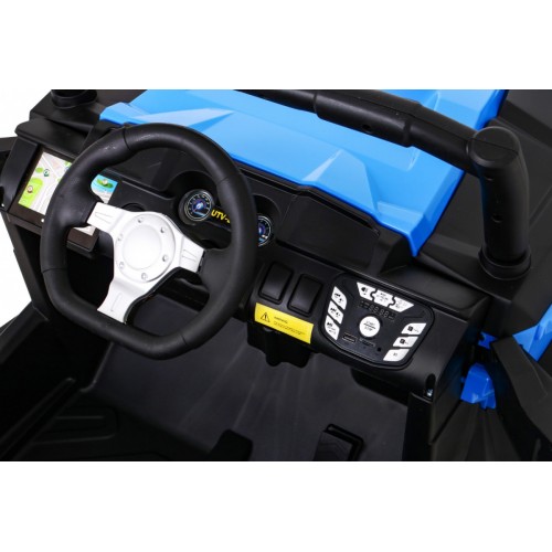 Dětská bugina Racer modrá poháněná 4x4 dálkové ovládání pomalý start kufr EVA LED MP3