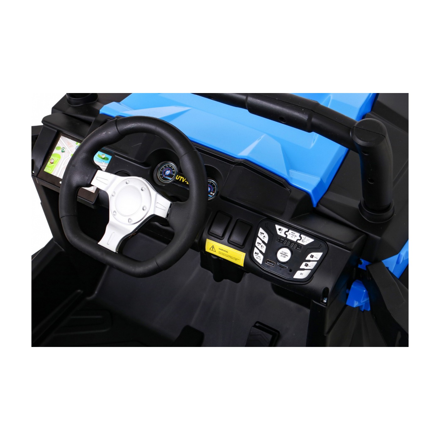 Dětská bugina Racer modrá poháněná 4x4 dálkové ovládání pomalý start kufr EVA LED MP3