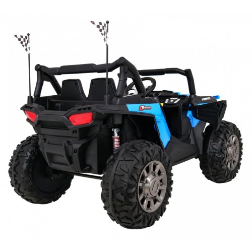 Dětská bugina Racer modrá poháněná 4x4 dálkové ovládání pomalý start kufr EVA LED MP3