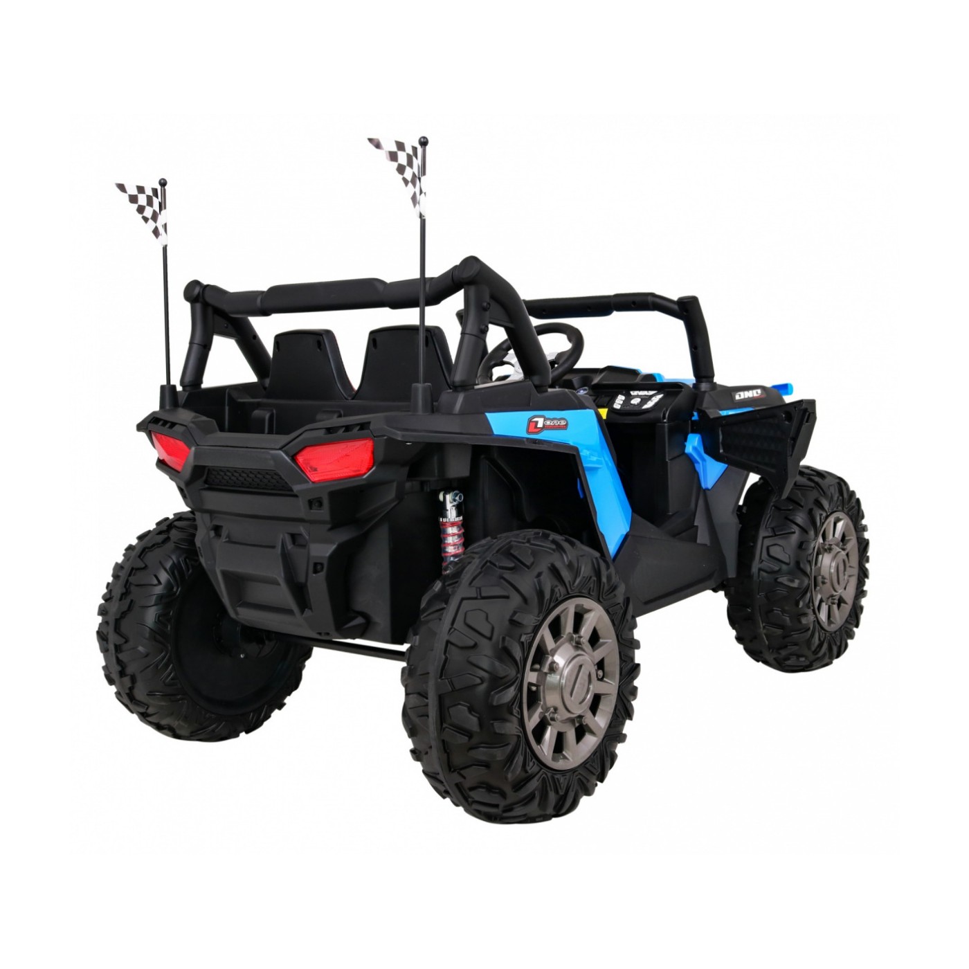 Dětská bugina Racer modrá poháněná 4x4 dálkové ovládání pomalý start kufr EVA LED MP3