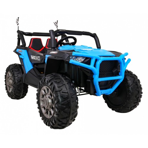 Dětská bugina Racer modrá poháněná 4x4 dálkové ovládání pomalý start kufr EVA LED MP3